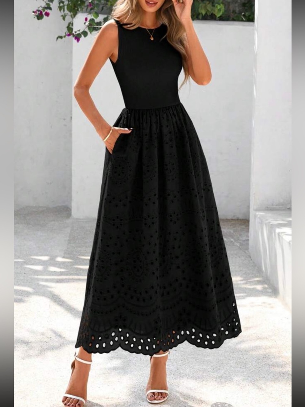 Black Eyelet Maxi Dress- Women